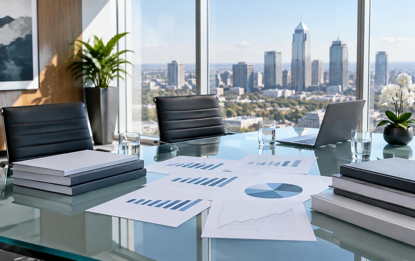 Annual reports and financial charts in a boardroom overlooking Sandton