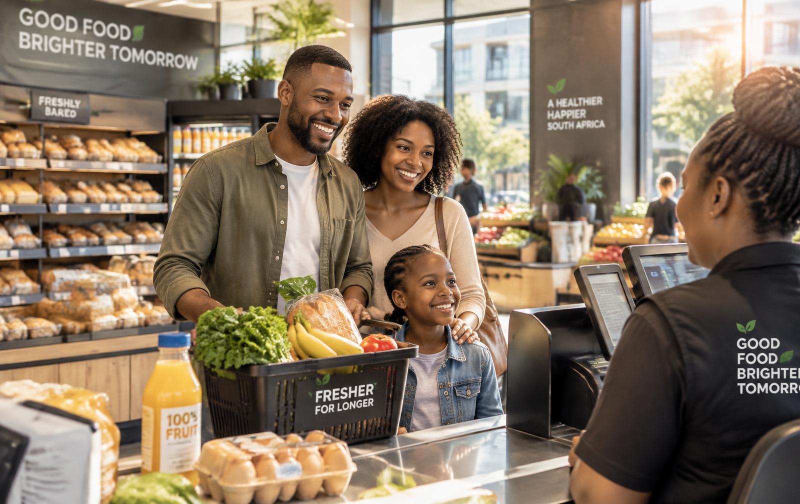 A family buying bread, eggs and juice at a neighbourhood store